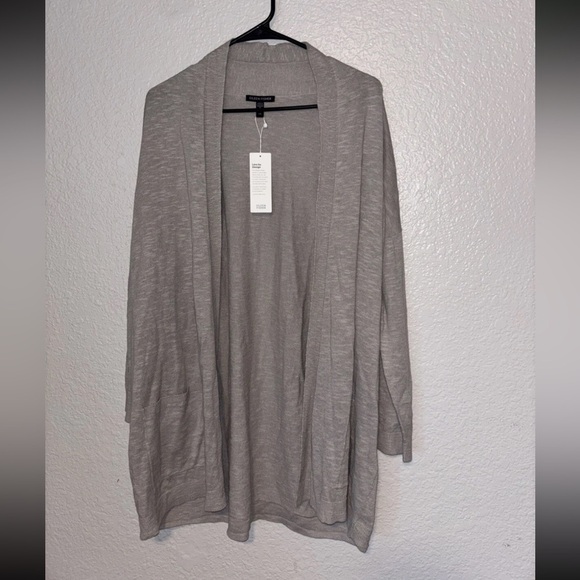 Eileen Fisher Linen Cotton High Collar Long Cardigan Silver Gray Sz L NWT $228 - Picture 5 of 5